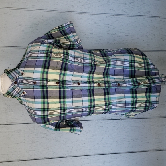 Lands End Plaid Short Sleeve Button Down Blue Gree - Picture 2 of 10